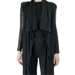 SKINGRAFT Mixed Material Black Leather & Jersey Draped Padded Shoulder Jacket